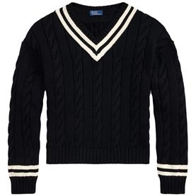 Polo Ralph Lauren Aran-Knit Cotton Cricket Jumper, Polo Black/Cream
